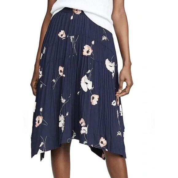 VINCE Tossed Poppy Pleated Floral Midi Knee Length Skirt in Marine - Picture 4 of 15